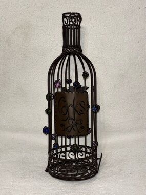 Vintage Metal Wine Bottle Cork Holder with Beaded Accents - Dark Brown